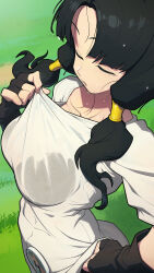 Rule 34 | 1girl, black bra, black gloves, black hair, blush, bra, bra visible through clothes, breasts, closed eyes, collarbone, commentary, dragon ball, dragonball z, fingernails, gloves, grass, hand on own hip, hata4564, highres, large breasts, low twintails, parted bangs, shirt, short sleeves, sweat, twintails, underwear, videl, white shirt