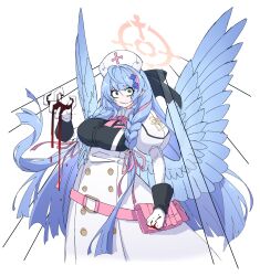Rule 34 | 1girl, ahoge, angel wings, belt, belt pouch, black bow, blood, blood on hands, blue archive, blue hair, blue wings, bow, bowtie, braid, breasts, cross hair ornament, dr yamero, dress, gloves, green eyes, hair bow, hair ornament, hair ribbon, halo, hat, highres, juliet sleeves, large breasts, light blue hair, long sleeves, low twin braids, mine (blue archive), multicolored hair, nurse cap, pink belt, pink bow, pink bowtie, pink hair, pink ribbon, pointy ears, pouch, puffy sleeves, ribbon, solo, streaked hair, twin braids, white background, white dress, white gloves, white hat, wings