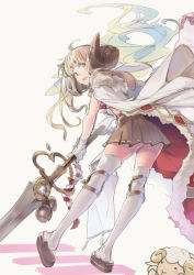 Rule 34 | 10s, 1girl, :d, ahoge, anila (granblue fantasy), animal, ass, bell, black skirt, blonde hair, blush, draph, eyebrows, fo line, from behind, fur trim, gloves, granblue fantasy, highres, hikimayu, holding, holding weapon, horns, jingle bell, long hair, looking back, miniskirt, mogerou, naginata, open mouth, orange eyes, pleated skirt, polearm, sandals, sheep, sheep horns, short eyebrows, simple background, skirt, smile, solo, standing, standing on one leg, thick eyebrows, thighhighs, weapon, white background, white gloves, white thighhighs