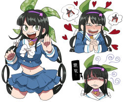 Rule 34 | 1girl, angry, bell, black hair, blush, bow, breasts, chabashira tenko, choker, clenched teeth, collar, commentary request, cropped legs, danganronpa (series), danganronpa v3: killing harmony, drooling, face, furukawa (yomawari), hair ornament, hair ribbon, hairband, heart, highres, jingle bell, large breasts, layered skirt, legs apart, long hair, long sleeves, looking at viewer, midriff, mole, mole under mouth, multiple views, navel, neck bell, open mouth, pink choker, pink hairband, ribbon, sailor collar, school uniform, serafuku, shaded face, simple background, skirt, spoken character, teeth, translated, twintails, white background, white bow, yumeno himiko