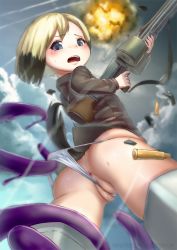 Rule 34 | 1girl, anus, ass, blonde hair, blue eyes, blush, carbon12th, cleft of venus, erica hartmann, explosion, fat mons, frontal wedgie, gun, looking back, open mouth, panties, pussy, pussy juice, rifle, short hair, sky, solo, strike witches, tears, tentacles, underwear, weapon, wedgie, white panties, world witches series
