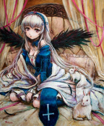 Rule 34 | 00s, 1girl, animal, bed, blanket, blush, bow, breasts, brown rose, rabbit, cleavage, dress, feathers, flower, frilled pillow, frills, hairband, long hair, pillow, pink eyes, red rose, revision, ribbon, rose, rozen maiden, sitting, solo, suigintou, tafuto, traditional media, wariza, white hair, wings