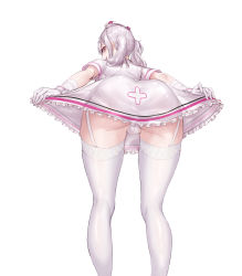 Rule 34 | 1girl, absurdres, ahoge, ass, ass focus, bandaged arm, bandages, breasts, cameltoe, chinese commentary, commentary request, cross, dress, feet out of frame, frilled dress, frills, garter straps, gloves, hat, highres, lace, lace-trimmed legwear, lace trim, lifted by self, looking at viewer, looking back, looking down, medium hair, mole, mole under eye, nijisanji, nurse, nurse cap, open mouth, panties, partially visible vulva, short sleeves, simple background, solo, sukoya kana, thighhighs, twintails, underwear, virtual youtuber, white background, white dress, white gloves, white hat, white panties, white thighhighs, wrist cuffs, yeklsa