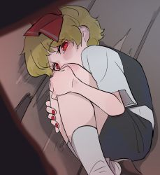 Rule 34 | 1girl, black skirt, black vest, blonde hair, blouse, bow, brown footwear, calf socks, covered mouth, fetal position, frogsnake, hair bow, hugging own legs, looking at viewer, lying, nail polish, on floor, on side, red bow, red eyes, red nails, rumia, shirt, short hair, short sleeves, skirt, socks, solo, touhou, vest, waistcoat, wavy hair, white shirt, white socks