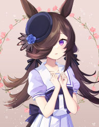 Rule 34 | 1girl, alternate hairstyle, animal ears, blue flower, blue hat, blue rose, bow, bowtie, brown hair, flower, hair over one eye, hat, hat flower, highres, horse ears, horse girl, horse tail, long hair, looking at viewer, low twintails, open mouth, pink background, pleated skirt, puffy short sleeves, puffy sleeves, purin jiisan, purple bow, purple bowtie, purple eyes, purple serafuku, purple shirt, rice shower (umamusume), rose, sailor collar, sailor shirt, school uniform, serafuku, shirt, short sleeves, signature, skirt, smile, solo, tail, tilted headwear, tracen school uniform, twintails, umamusume, upper body, white skirt