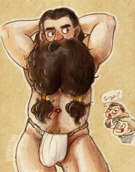 Rule 34 | 3boys, :q, absurdres, apodoll bjd, armpit stubble, armpits, arms behind head, averting eyes, bad tag, beard, beard over mouth, chibi, chibi inset, chilchuck tims, covered penis, dungeon meshi, dwarf, english text, engrish text, facial hair, fat, fat man, fundoshi, hairy, heart, heart-shaped eyes, highres, japanese clothes, laios touden, long beard, male focus, multiple boys, ranguage, senshi (dungeon meshi), shy, solo focus, sparse leg hair, thick mustache, thick navel hair, tied beard, tongue, tongue out, topless male, very long beard, yaoi