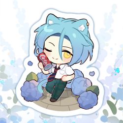 Rule 34 | 1boy, animal ears, blue hair, blush, can, cat ears, cat tail, chibi, collared shirt, drink can, earrings, ensemble stars!, flower, hand on own hip, highres, himeru (ensemble stars!), holding, holding can, hydrangea, jewelry, kimey, male focus, necktie, one eye closed, pants, parted bangs, petals, plaid, plaid pants, school uniform, shirt, short hair, smile, soda can, solo, striped necktie, tail, yellow eyes