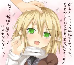 Rule 34 | 1girl, arm warmers, blonde hair, ear wiggle, efe, fang, female focus, green eyes, head pat, headpat, mizuhashi parsee, pointy ears, portrait, scarf, short hair, simple background, solo focus, tears, touhou, translation request