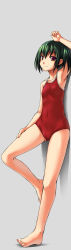 Rule 34 | 1girl, armpits, barefoot, bosshi, cameltoe, competition school swimsuit, feet, flat chest, grey background, hand on own thigh, highres, long image, nipples, one-piece swimsuit, original, red one-piece swimsuit, school swimsuit, solo, swimsuit, tall image, toes, yu (bosshi)