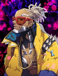 Rule 34 | 1boy, alternate skin color, animification, apex legends, blonde hair, chain, chest tattoo, cornrows, crypto (apex legends), dark-skinned male, dark skin, gold chain, highres, hype beast crypto, jacket, male focus, paint splatter, siki mhr, solo, spikes, sunglasses, tattoo, upper body, yellow jacket