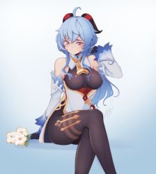 Rule 34 | 1girl, absurdres, ahoge, bare shoulders, bell, black bodysuit, blue hair, bodice, bodysuit, bodysuit under clothes, breasts, closed mouth, commentary, commission, detached sleeves, english commentary, flower, ganyu (genshin impact), genshin impact, gloves, hair between eyes, highres, long hair, looking at viewer, purple eyes, senacolada, sitting, solo