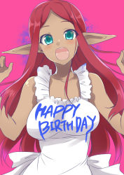 Rule 34 | 1girl, :d, apron, aqua eyes, bare shoulders, blush, borrowed character, breasts, dark skin, dark-skinned female, elf, happy birthday, large breasts, long hair, long pointy ears, maid-chan (maze), open mouth, original, pink background, pochi (pochi-goya), pointy ears, red hair, smile, solo