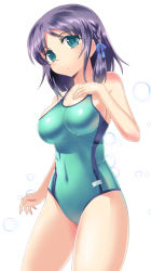 Rule 34 | 10s, 1girl, blue eyes, blue hair, breasts, competition school swimsuit, covered navel, hand on own chest, hiradaira chisaki, ishizu kayu, large breasts, matching hair/eyes, nagi no asukara, one-piece swimsuit, school swimsuit, short hair, solo, standing, sweatdrop, swimsuit