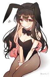 Rule 34 | 1girl, animal ears, between legs, black bow, black bowtie, black hair, black leotard, bow, bowtie, breasts, brown pantyhose, cleavage, detached collar, fake animal ears, fishnet pantyhose, fishnets, hand between legs, hiiragi souren, kantai collection, leotard, long hair, looking at viewer, medium breasts, multicolored hair, naganami (kancolle), pantyhose, pink hair, playboy bunny, rabbit ears, rabbit tail, shadow, simple background, smile, solo, squiggle, strapless, strapless leotard, tail, twitter username, two-tone hair, wavy hair, wavy mouth, white background, wrist cuffs, yellow eyes