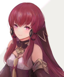 Rule 34 | 1girl, alternate hair color, closed mouth, fire emblem, fire emblem: three houses, hair ornament, highres, leonmandala, long hair, lysithea von ordelia, nintendo, pink eyes, red hair, simple background, smile, solo, upper body