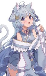 Rule 34 | 1girl, absurdres, amaui, animal ears, blue bow, blue hair, blue kimono, blunt bangs, blush, bow, braid, breasts, cat day, cat ears, cat girl, cat tail, commentary request, cowboy shot, crescent, crescent hair ornament, crown braid, frilled kimono, frilled sleeves, frills, hair bow, hair ornament, highres, japanese clothes, kemonomimi mode, kimono, long hair, long sleeves, looking at viewer, medium bangs, nanashi inc., neck ribbon, obi, off shoulder, open mouth, pink ribbon, purple bow, purple eyes, ribbon, sash, shishishi, side braid, simple background, small breasts, solo, tail, virtual youtuber, white background, white bow, wide sleeves