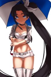 Rule 34 | 1girl, alternate costume, alternate hairstyle, bad id, bad pixiv id, black hair, blue eyes, blush, boots, breasts, choker, cleavage, crop top, cropped jacket, denim, denim shorts, fate/grand order, fate (series), groin, hair ornament, highres, holding, holding umbrella, jacket, long hair, looking at viewer, midriff, navel, race queen, shimomoto, shirt, short shorts, shorts, side ponytail, smile, solo, thigh boots, thighhighs, thighs, umbrella, ushiwakamaru (fate), very long hair, white shirt, white shorts, white thighhighs