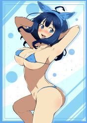 1girl ahoge animal_ears armpits arms_behind_head ass bikini blue_bikini blue_eyes blue_hair blush breasts cat_ears commentary_request coriponz covered_erect_nipples highres large_breasts make_heroine_ga_oo_sugiru! medium_hair micro_bikini nose_blush smile solo swimsuit thong_bikini yanami_anna