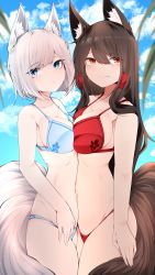 Rule 34 | 2girls, absurdres, akagi (azur lane), animal ear fluff, animal ears, azur lane, bare legs, bare shoulders, bikini, blue bikini, blue eyes, blue sky, blunt bangs, breasts, cleavage, closed mouth, cloud, cloudy sky, commentary request, cowboy shot, embarrassed, eyebrows, fluffy, fox ears, fox girl, fox tail, from side, hair ornament, hairclip, head tilt, highres, kaga (azur lane), kitsune, kyuubi, large breasts, leaf, legs, long hair, looking at viewer, medium hair, multiple girls, multiple tails, navel, outdoors, parted bangs, pout, pouty lips, red bikini, red eyes, samip, sideboob, sidelocks, sky, smile, standing, swimsuit, tagme, tail, tree