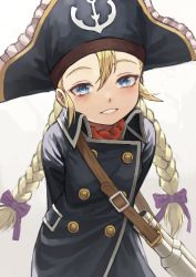 Rule 34 | 1girl, anchor print, arms behind back, bicorne, binoculars, black hat, blonde hair, blue eyes, blush, braid, buckle, buttons, commentary request, cowboy shot, double-breasted, eyebrows, fagi (kakikaki), female focus, grey background, grin, hair ornament, hair ribbon, hat, leaning forward, long hair, looking at viewer, parted lips, patty fleur, pirate, pirate hat, purple ribbon, red neckwear, revision, ribbon, simple background, smile, solo, tales of (series), tales of vesperia, teeth, twin braids, upper body