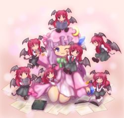 Rule 34 | 6+girls, :d, ;d, ^ ^, bat wings, blush, book, cheek poking, chibi, chibi on head, clone, closed eyes, crescent, crescent moon, demon tail, dress, dress shirt, embodiment of scarlet devil, female focus, happy, hat, head wings, koakuma, long hair, low wings, moon, multiple girls, multiple persona, necktie, object on head, on head, one eye closed, open book, open mouth, paper, patchouli knowledge, person on head, poking, purple dress, purple eyes, purple hair, reading, red eyes, red hair, sasshi, sasshii, shirt, shoes, simple background, skirt, skirt set, smile, striped clothes, striped dress, tail, touhou, v arms, vertical stripes, vest, wings, wink