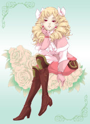 Rule 34 | 1girl, arm support, ascot, blonde hair, boots, bow, brown footwear, capelet, corset, dangle earrings, drill hair, earrings, finger to cheek, fire emblem, fire emblem awakening, floral background, flower, framed image, gloves, gradient background, green background, hair bow, hand up, high heel boots, high heels, invisible chair, jewelry, knee boots, knee pads, leaf, leaning forward, leather, leather boots, leather gloves, lips, long hair, looking at viewer, maribelle (fire emblem), nintendo, pants, pink bow, pink capelet, pink gloves, pink pants, rose, sitting, solo, tuqi pix
