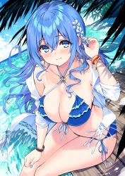Rule 34 | 1girl, bangle, bare shoulders, bikini, blue bikini, blue eyes, blue hair, blue nails, blue theme, bracelet, breasts, cleavage, collarbone, criss-cross halter, cu-no, day, earrings, flower, front-tie bikini top, front-tie top, hair flower, hair ornament, halterneck, halterneck, hand on own thigh, hand up, hisen kaede, jewelry, kohitsuji ai, large breasts, long hair, looking at viewer, nail polish, o-ring, o-ring bikini, ocean, off shoulder, open clothes, open shirt, outdoors, shirt, side-tie bikini bottom, sitting, smile, solo, string bikini, swimsuit, thighs, white shirt, wristband