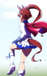Rule 34 | 1girl, animal ears, blue eyes, blue gloves, blue sky, blush, boots, brown hair, closed mouth, cloud, commentary request, day, from behind, gloves, highres, horse ears, horse girl, horse tail, jacket, long sleeves, looking away, multicolored hair, outdoors, pleated skirt, ponytail, profile, shirihime, shoe soles, skirt, sky, smile, solo, standing, standing on one leg, streaked hair, tail, tokai teio (umamusume), umamusume, white footwear, white hair, white jacket, white skirt