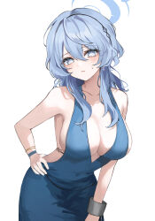 Rule 34 | 1girl, absurdres, ako (blue archive), ako (dress) (blue archive), bare arms, bare shoulders, blue archive, blue dress, blue eyes, blue hair, breasts, chabi, cleavage, commentary, cowboy shot, dress, head tilt, highres, large breasts, leaning forward, long hair, looking at viewer, official alternate costume, revision, simple background, sleeveless, sleeveless dress, solo, standing, white background