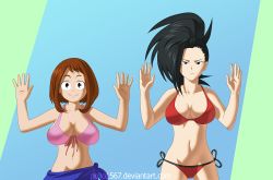 Rule 34 | 2girls, alternate breast size, annoyed, armpits, arms up, artist name, barefoot, bikini, black hair, blue sarong, boku no hero academia, breasts, brown eyes, brown hair, cleavage, closed mouth, collarbone, eyelashes, facing viewer, front-tie bikini top, front-tie top, grey eyes, hands up, happy, height difference, large breasts, legs, long hair, looking at viewer, medium hair, midriff, multiple girls, navel, neck, outstretched arms, pink bikini, pollo1567, ponytail, red bikini, sarong, side-tie bikini bottom, side bangs, sidelocks, simple background, smile, spread arms, standing, swimsuit, take your pick, thighs, two-tone background, uraraka ochako, v-shaped eyebrows, wide ponytail, yaoyorozu momo