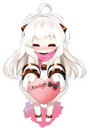 Rule 34 | 10s, 1girl, ^ ^, abyssal ship, ahoge, artist name, bad id, bad pixiv id, barefoot, blush, box, candy, child, chocolate, chocolate heart, closed eyes, colored skin, dress, facing viewer, food, full body, gift, gift box, heart, heart-shaped box, holding, horns, incoming gift, kantai collection, long hair, looking at viewer, mittens, mvv, northern ocean princess, pov, scarf, simple background, solo, trembling, valentine, white background, white dress, white hair, white skin