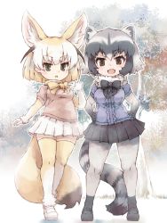 Rule 34 | 2girls, animal ear fluff, animal ears, blonde hair, blush, bow, bowtie, brown eyes, center frills, commentary request, common raccoon (kemono friends), elbow gloves, extra ears, fangs, fennec (kemono friends), fox ears, fox tail, frills, full body, fur trim, gloves, grey hair, hands on own hips, highres, kemono friends, kolshica, multicolored hair, multiple girls, open mouth, pantyhose, pleated skirt, puffy short sleeves, puffy sleeves, raccoon ears, raccoon tail, short hair, short sleeves, skirt, tail, thighhighs, white hair, zettai ryouiki