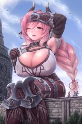 Rule 34 | 1girl, 3boys, animal ears, armor, bird, blush, boots, braid, braided ponytail, breasts, castle, cleavage, cloud, day, earrings, exhausted, eyebrows, eyelashes, gauntlets, giant, giantess, gloves, grey eyes, hair tie, heart, helmet, highres, horns, huge breasts, jewelry, knight, large breasts, mole, mole on cheek, multiple boys, one eye closed, open mouth, outdoors, pink hair, raging bull (ys), sitting, sky, steeple, sun, sunlight, sweat, thighs, tree, window, ys, ys ix monstrum nox, zen-gts