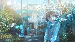 Rule 34 | 1girl, absurdres, banishment, black hair, blue necktie, blue skirt, chain-link fence, cherry blossoms, collared shirt, day, falling petals, fence, flower, highres, huge filesize, leaf, long sleeves, looking at viewer, necktie, open mouth, original, outdoors, petals, pleated skirt, road, scenery, shirt, short hair, sign, signature, skirt, sleeves rolled up, solo, sweater vest, tree, white shirt