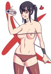 Rule 34 | 1girl, aliasing, black hair, breasts, cameltoe, cleft of venus, controller, female focus, game console, glasses, heart, licking lips, naughty face, navel, nipples, original, panties, playzholder, red eyes, red panties, solo, standing, super nintendo, thighhighs, tongue, tongue out, topless, twintails, underwear, white background