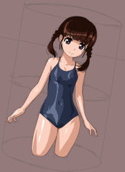 Rule 34 | 1girl, bad id, bad pixiv id, braid, brown eyes, brown hair, cropped legs, light smile, long hair, looking at viewer, one-piece swimsuit, original, rohitsuka, school swimsuit, smile, solo, standing, swimsuit, twin braids