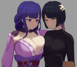 Rule 34 | 2girls, asymmetrical docking, black hair, bodysuit, breast press, breasts, cleavage, closed mouth, collarbone, commentary, english commentary, genshin impact, grey background, hand on another&#039;s head, hand on own chest, highres, japanese clothes, kimono, kujou sara, large breasts, long hair, mole, mole under eye, multiple girls, purple eyes, purple hair, raiden shogun, ribbon, sash, short hair, simple background, taiko bo, yellow eyes, yuri