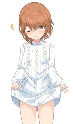 Rule 34 | 1girl, aran sweater, blush, breasts, brown eyes, brown hair, cable knit, closed mouth, commentary, curtsey, dress, heart, highres, kinuhata saiai, kuronoya50, light blush, long sleeves, looking at viewer, one eye closed, short dress, short hair, simple background, skirt hold, small breasts, smile, solo, standing, straight-on, sweater, sweater dress, teasing, thighs, toaru majutsu no index, toaru majutsu no index: old testament, white background, white dress, white sweater