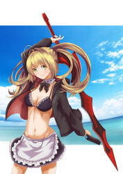 Rule 34 | ahoge, artoria pendragon (alter swimsuit rider) (second ascension) (fate), bikini, blonde hair, breasts, caster (nero claudius), cleavage, day, fate/grand order, fate (series), green eyes, hair intakes, highres, jacket, long hair, nero claudius (fate), nero claudius (fate) (all), nero claudius (swimsuit caster) (fate), smile, solo, swimsuit, sword, weapon