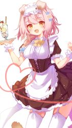 Rule 34 | absurdres, alternate costume, animal ears, apron, arknights, black corset, black dress, blue bow, blush, bow, bowtie, braid, breasts, cat ears, cat girl, cat tail, corset, cowboy shot, cross-laced clothes, dress, enmaided, food, frilled apron, frills, garter straps, goldenglow (arknights), hair bow, hands up, highres, holding, holding tray, large breasts, lightning bolt symbol, long hair, maid, maid apron, maid headdress, multiple hair bows, open mouth, pink hair, short sleeves, side braid, simple background, single braid, suzuiro (chocolatte), tail, thighhighs, tray, white apron, white background, white bow, white bowtie, white thighhighs, wrist cuffs, yellow bow, yellow eyes