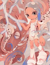 Rule 34 | 1girl, agent 8 (splatoon), bodysuit, branch, closed mouth, commentary, coral, grey eyes, grey hair, highres, li04r, nintendo, octoling, octoling player character, octopus, sleeveless, sleeveless bodysuit, solo, splatoon (series), splatoon 3, splatoon 3: side order, standing, tentacle hair, tentacles, thick eyebrows, white bodysuit