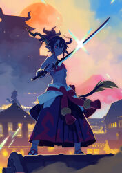 Rule 34 | 1boy, 2girls, absurdres, ao (disgaea), black hair, black hakama, bow, closed mouth, cloud, colored skin, disgaea, fuji (disgaea), full body, full moon, hakama, harada takehito, highres, holding, holding sword, holding weapon, horns, japanese clothes, legs apart, looking at viewer, makai senki disgaea 7, mature male, moon, multicolored skin, multiple girls, muscular, muscular male, official art, pagoda, piririka (disgaea), pointy ears, ponytail, red bow, red eyes, red skin, sandals, sky, smile, standing, sword, tail, topless male, two-tone skin, waist bow, weapon