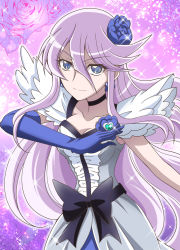 Rule 34 | 1girl, asymmetrical gloves, black bow, blue eyes, blue flower, blue gloves, bow, breasts, brooch, cleavage, collarbone, cure moonlight, dress, elbow gloves, floating hair, flower, gloves, grey dress, hair between eyes, hair flower, hair ornament, hanzou, heart, heart brooch, heartcatch precure!, highres, jewelry, long hair, medium breasts, precure, purple flower, purple hair, purple rose, rose, sleeveless, smile, solo, sparkle, tsukikage yuri, uneven gloves, upper body, very long hair, waist bow