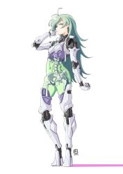 Rule 34 | 1girl, automatic giraffe, commentary, cyborg, emmy (automatic giraffe), english commentary, green eyes, green hair, highres, long hair, mechanical arms, mechanical legs, original, ribs, see-through, shadow, skeleton, solo, spine, white background