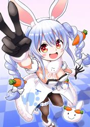 Rule 34 | 1girl, 1other, absurdres, animal ear fluff, animal ears, arm up, armpits, black gloves, black leotard, black pantyhose, blue hair, blush stickers, braid, breasts, bridal garter, carrot, carrot hair ornament, cleavage, coat, don-chan (usada pekora), food-themed hair ornament, foreshortening, from above, fur scarf, fur trim, fushicho, gloves, hair ornament, highres, hololive, leg up, leotard, leotard under clothes, long hair, looking at viewer, looking up, open mouth, pantyhose, pekomon (usada pekora), playboy bunny, rabbit ears, rabbit girl, rabbit tail, red eyes, shoes, smile, standing, standing on one leg, strapless, strapless leotard, tail, twin braids, twintails, usada pekora, usada pekora (1st costume), v, very long hair, virtual youtuber, white coat, white footwear