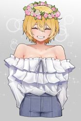 Rule 34 | 1girl, ^ ^, absurdres, alternate costume, bare shoulders, blonde hair, blush, breasts, casual, cjrb1228, cleavage, closed eyes, collarbone, cropped legs, don quixote (project moon), facing viewer, grin, head wreath, highres, limbus company, off-shoulder shirt, off shoulder, project moon, shirt, short hair, smile, solo, white shirt