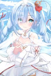 Rule 34 | 1girl, azur lane, blue eyes, blue hair, blush, braid, breasts, collarbone, commentary request, crown, detached sleeves, dress, feathers, hair ornament, highres, janus (azur lane), long hair, looking at viewer, simple background, small breasts, smile, solo, twin braids, umidemi