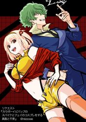 Rule 34 | 1boy, 1girl, black necktie, blonde hair, blue suit, brown eyes, cigarette, cosplay, cowboy bebop, dutch angle, faye valentine, faye valentine (cosplay), formal, from below, green hair, grin, hair ribbon, hairband, hand on own hip, highres, holding, holding cigarette, looking at viewer, lycoris recoil, majima (lycoris recoil), midriff, navel, necktie, nico (hero300), nishikigi chisato, open mouth, parody, red ribbon, red shirt, ribbon, shirt, short shorts, shorts, smile, smoking, spike spiegel, spike spiegel (cosplay), standing, suit, suspenders, teeth, thighhighs, tied shirt, twitter username