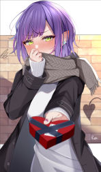Rule 34 | 1girl, alternate costume, alternate hair length, alternate hairstyle, black jacket, blush, brick wall, casual, chocolate, commentary request, covering own mouth, demon tail, ear blush, ear piercing, earrings, flat chest, food, giving, green eyes, green nails, twirling hair, hand up, highres, holding, holding chocolate, holding food, hololive, jacket, jewelry, letterboxed, multicolored hair, multicolored nails, nail polish, open clothes, open jacket, parted lips, piercing, pointy ears, purple hair, red nails, rei (rei 9146), scarf, short hair, signature, solo, streaked hair, stud earrings, sweater, tail, tokoyami towa, valentine, virtual youtuber, white background, white sweater