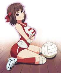 Rule 34 | 10s, 1girl, ball, bare shoulders, blush, breast hold, breasts, brown eyes, brown hair, elbow pads, eyebrows, full body, girls und panzer, headband, highres, knee pads, kondou taeko, large breasts, looking at viewer, matching hair/eyes, on floor, open mouth, red socks, shoes, short hair, sitting, skindentation, socks, solo, sportswear, sweat, thighs, volleyball (object), volleyball uniform, wara t-shirt, wariza